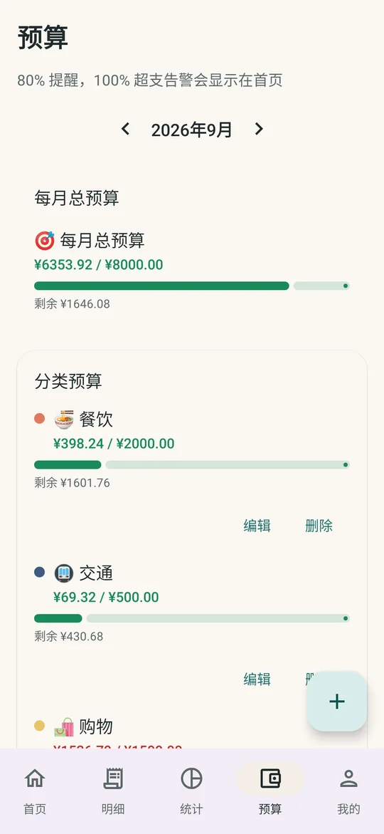 轻记账预算页，进度与超支提醒